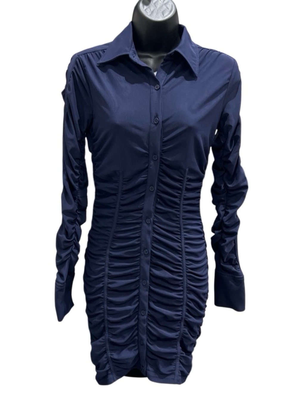 Zara Ruched Long Sleeve Mini Shirt Dress Navy Size XS